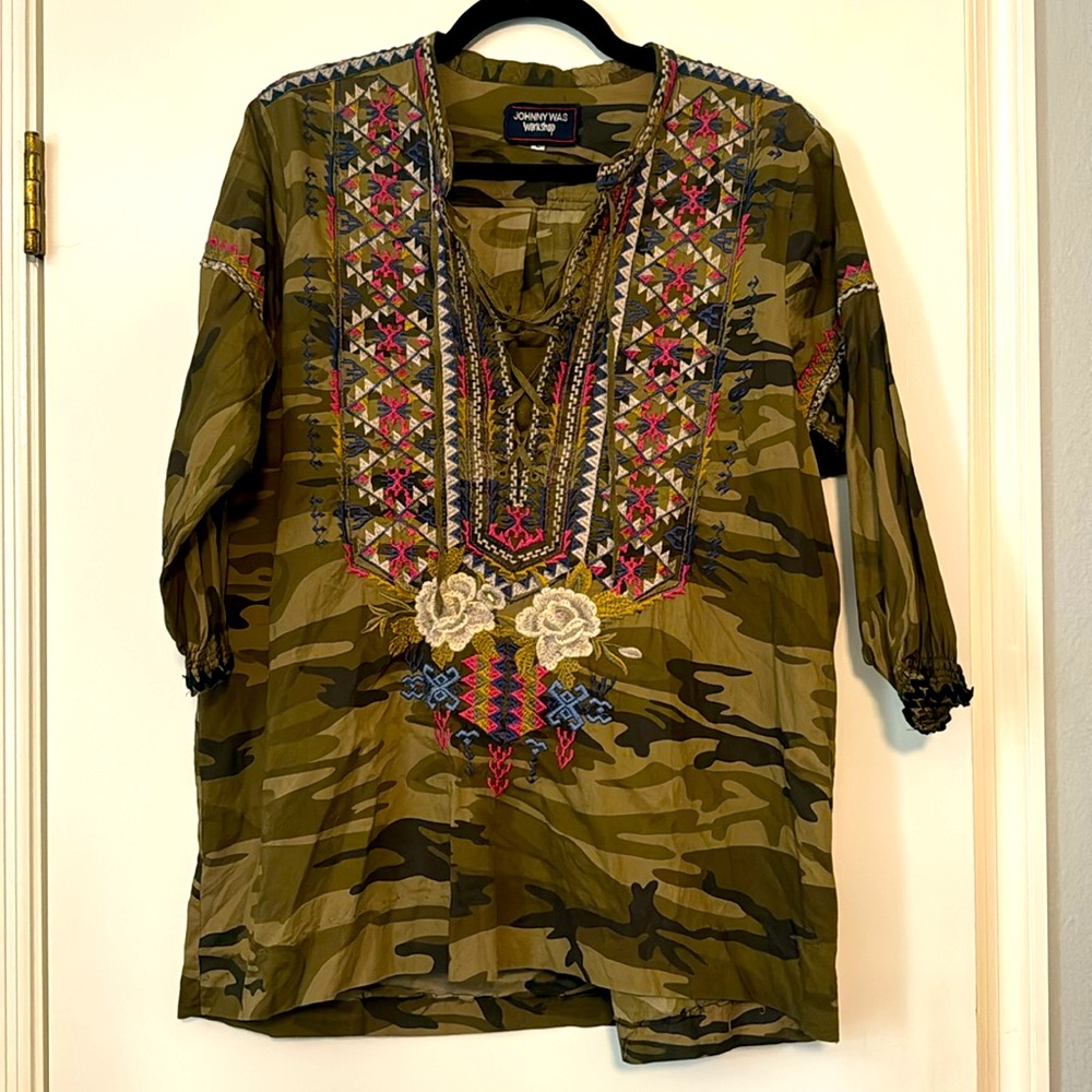 Johnny Was Workshop Camo Embroidered Tunic